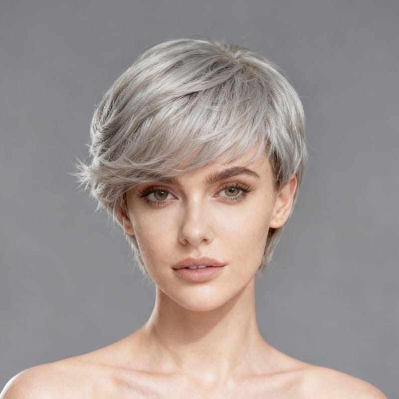 DALUSE WIG Straight Silver Gray Layered Short Bangs Wig