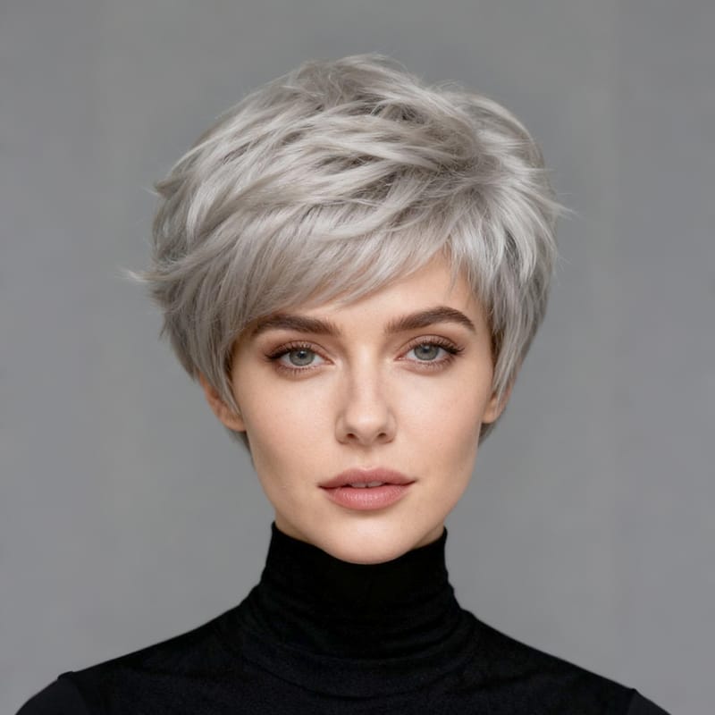Silver Gray Short Straight Layered Bangs Wig