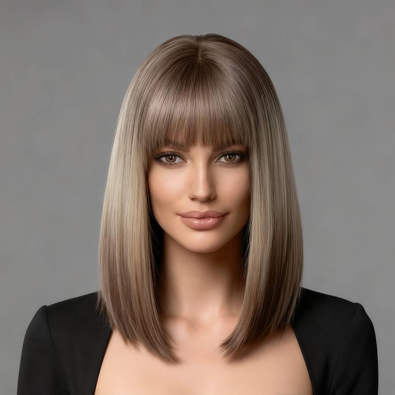 DALUSE WIG 14-inch Bob Straight Bangs Brown Blonde Reverse Ombre Wig