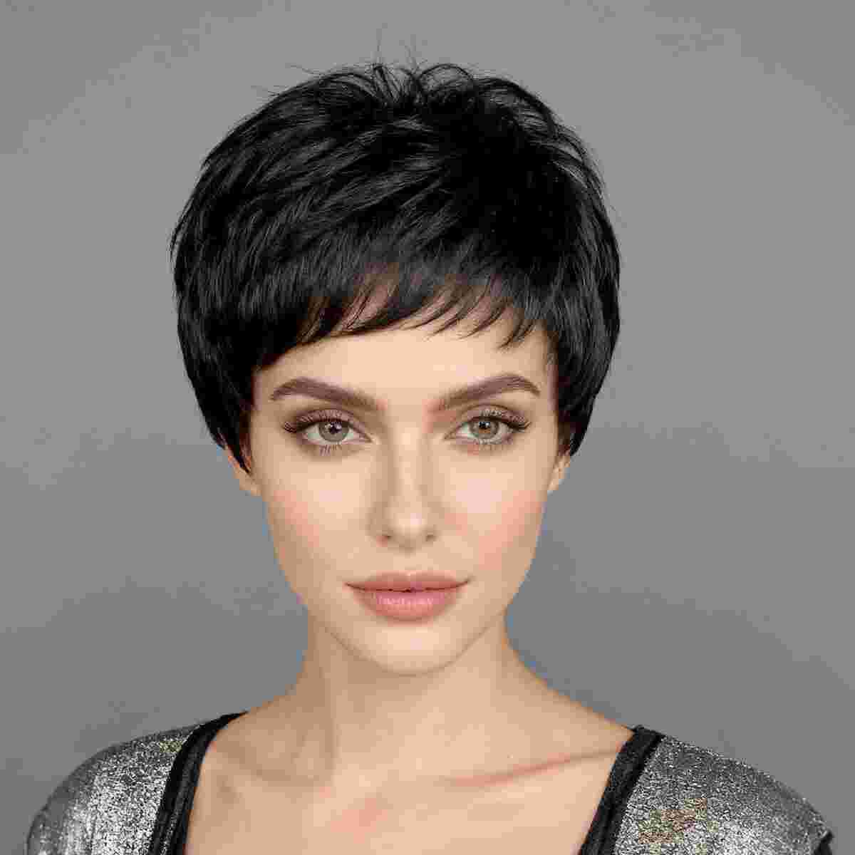 DALUSE WIG Pixie Short Black Layered with Bangs Wig