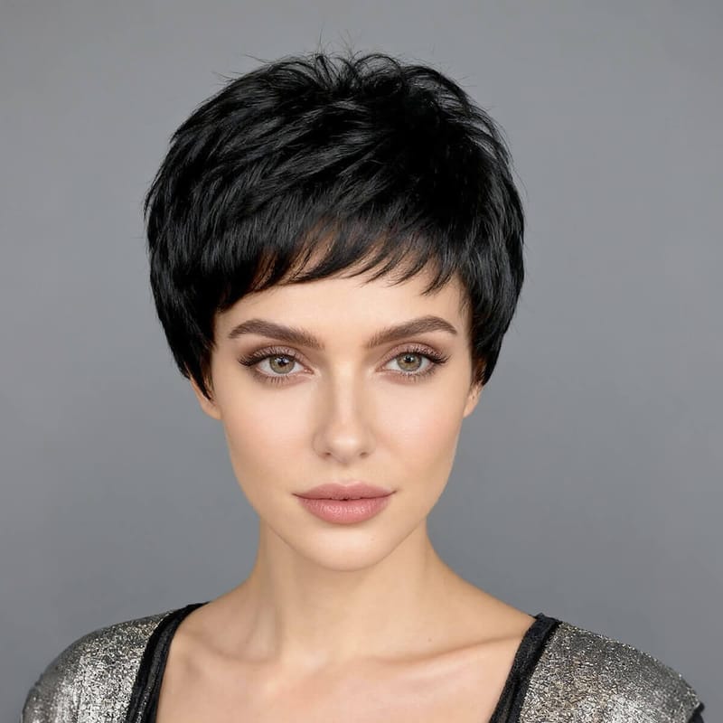 DALUSE WIG Pixie Short Black Layered with Bangs Wig