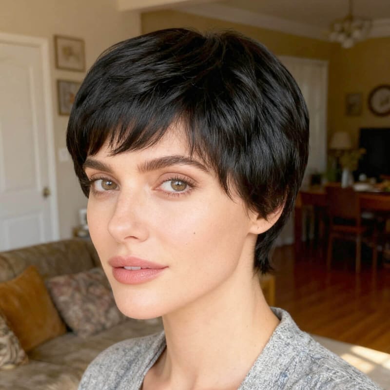 DALUSE WIG Pixie Short Black Layered with Bangs Wig