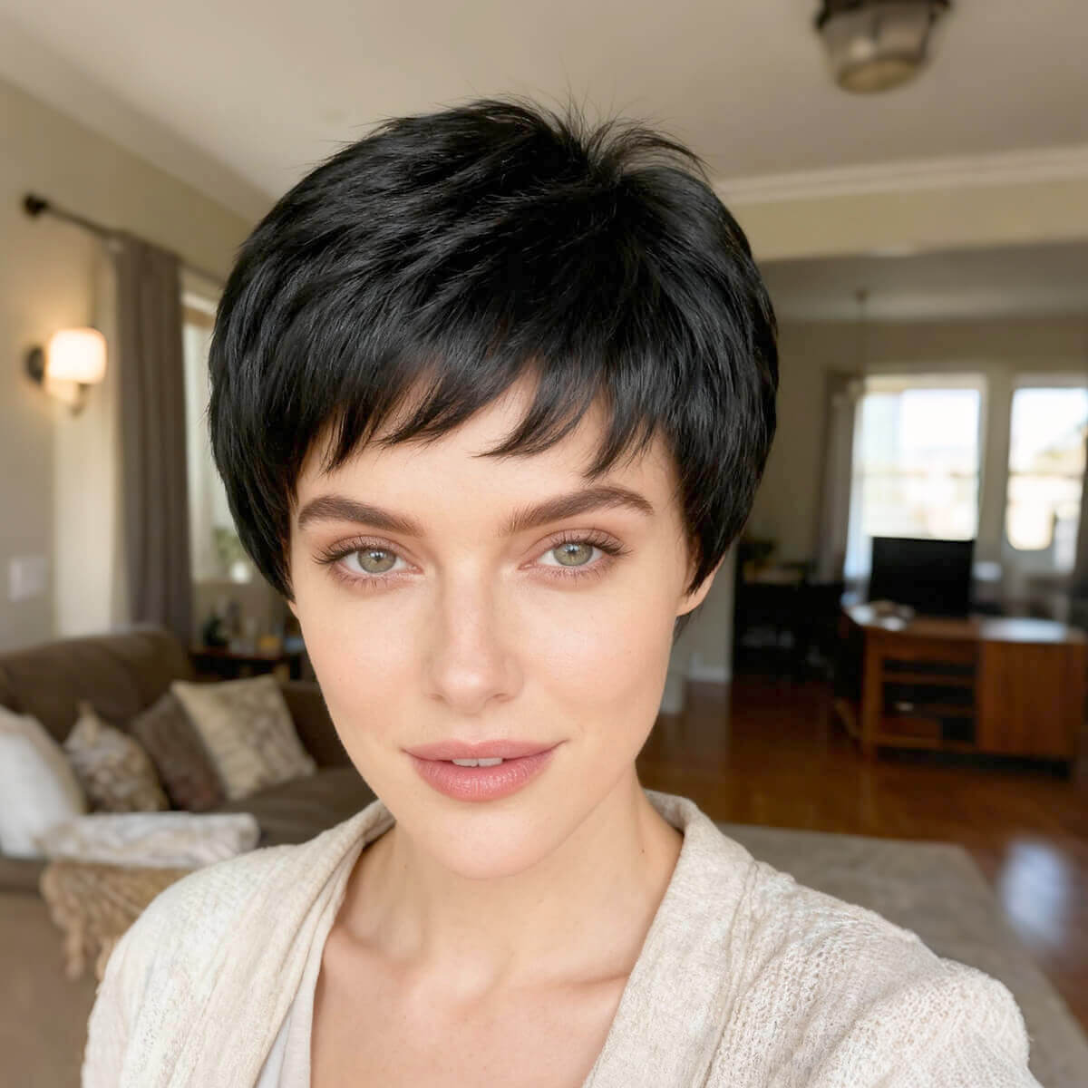DALUSE WIG Black Layered Short Pixie Wig with Bangs