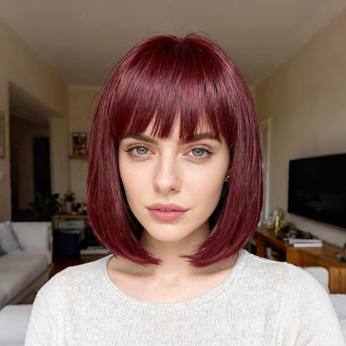 DALUSE WIG 10-inch Burgundy Bob with Bangs Wig