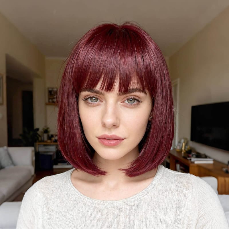 DALUSE WIG 10-inch Burgundy Bob with Bangs Wig