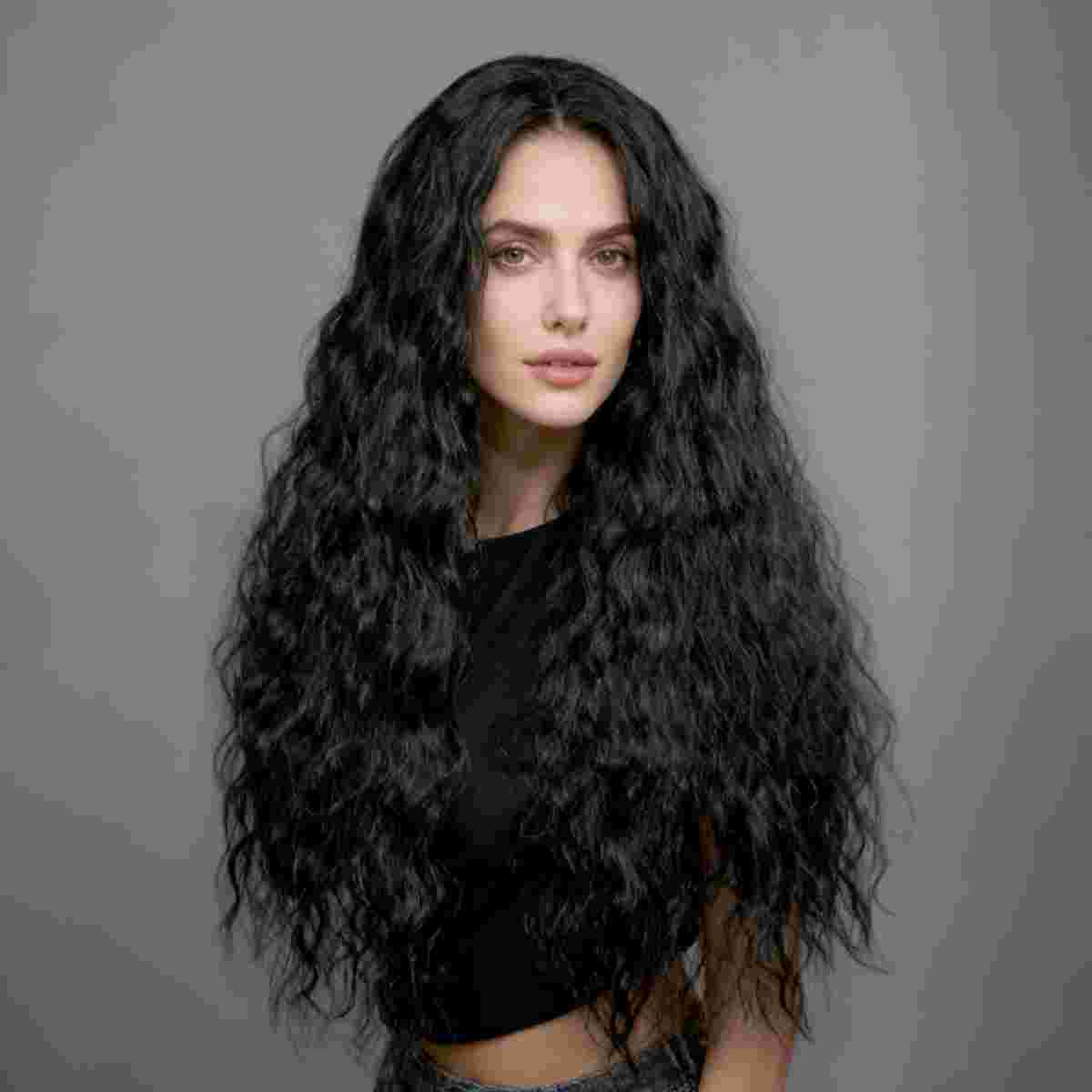 Daluse WIG 26-Inch Long Black Curly Rose Mesh Wig