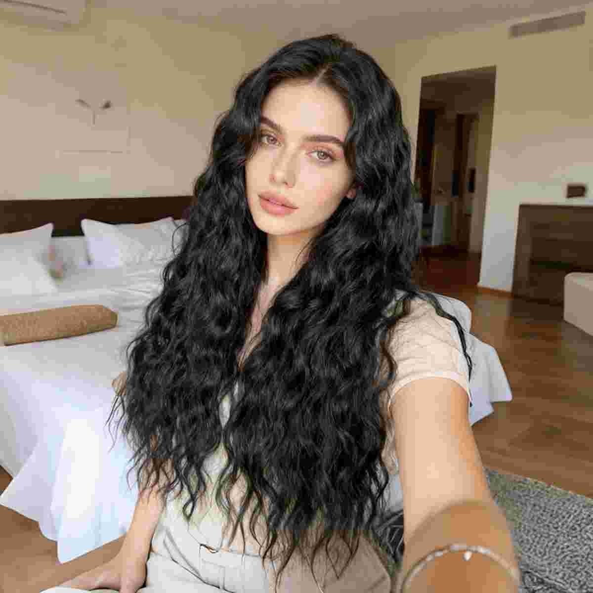 Daluse WIG 26-Inch Long Black Curly Rose Mesh Wig