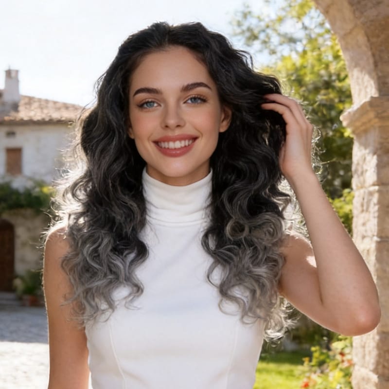 20-Inch French Center-Part Long Wavy Wig — Black-Gray Gradient to Brown