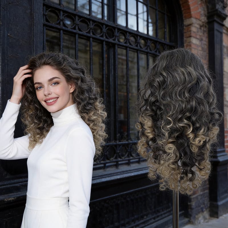 Gradient Black And Gray 20-Inch French Style Center Parted Long Wavy Wig