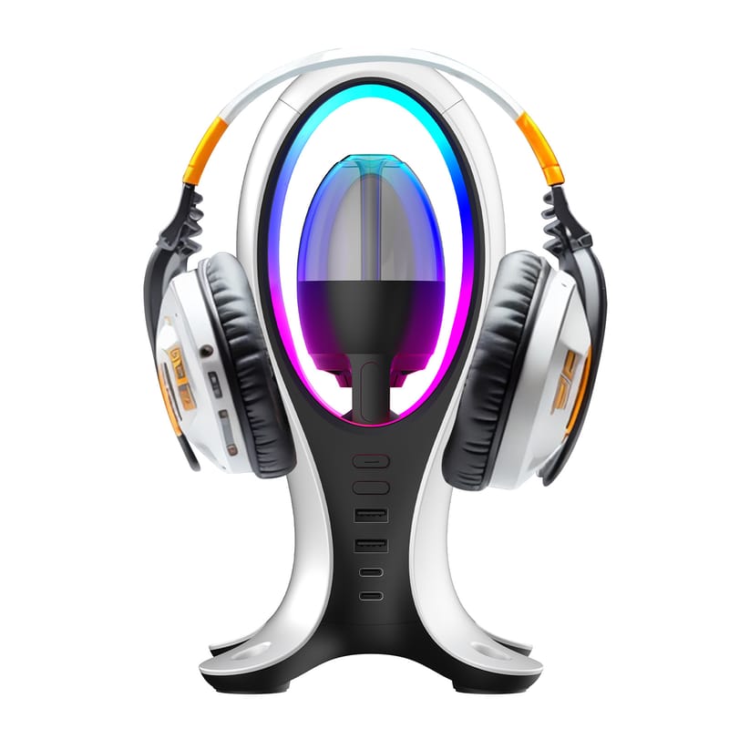 Declutter Your Gaming Setup RGB Speaker + Headphone Stand + USB Hub in One RGB Speakers with Headphone Stand