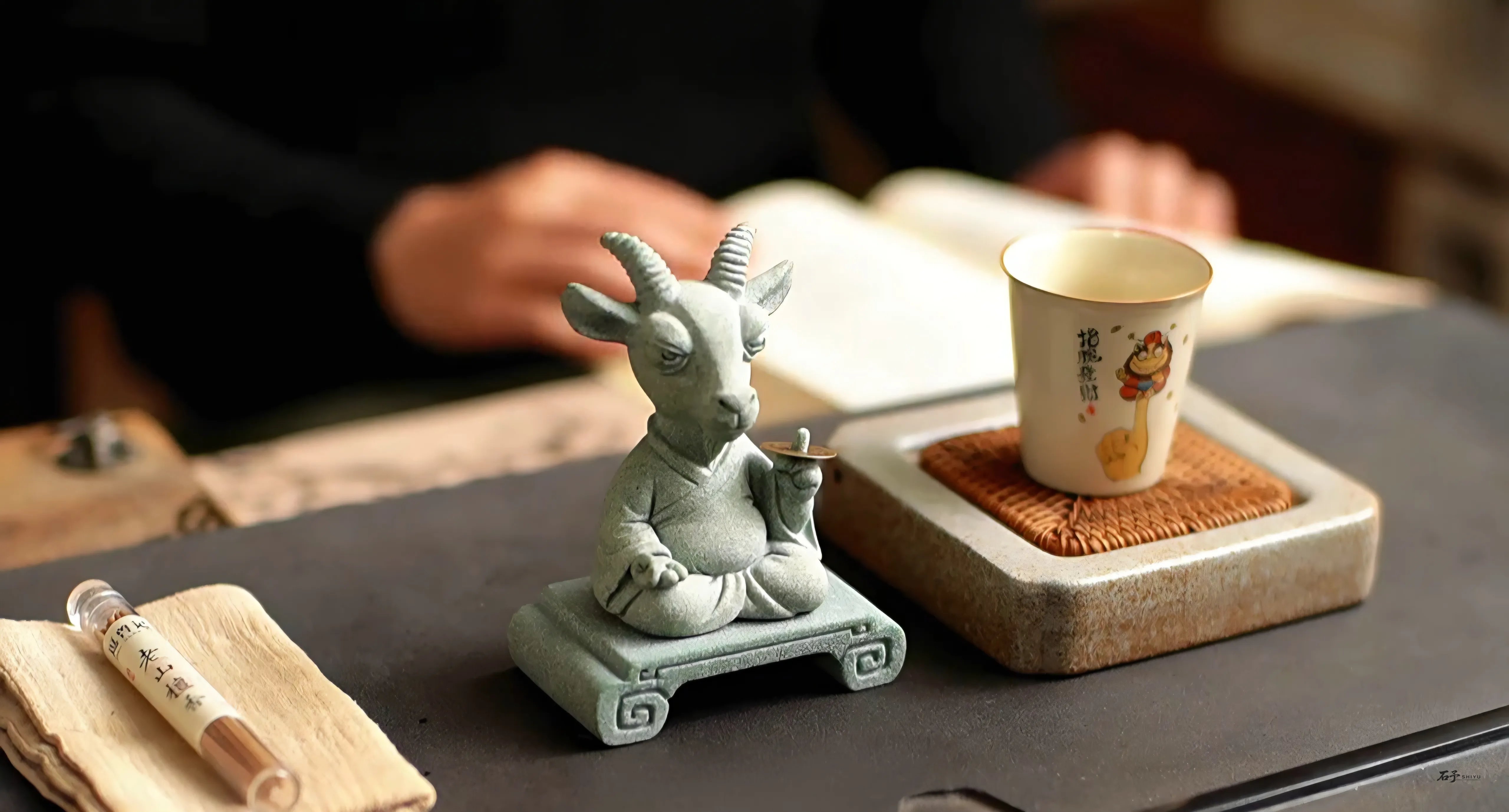 Exquisite handcrafted natural stone carving of the Chinese zodiac goat representing peace prosperity and traditional feng shui harmony