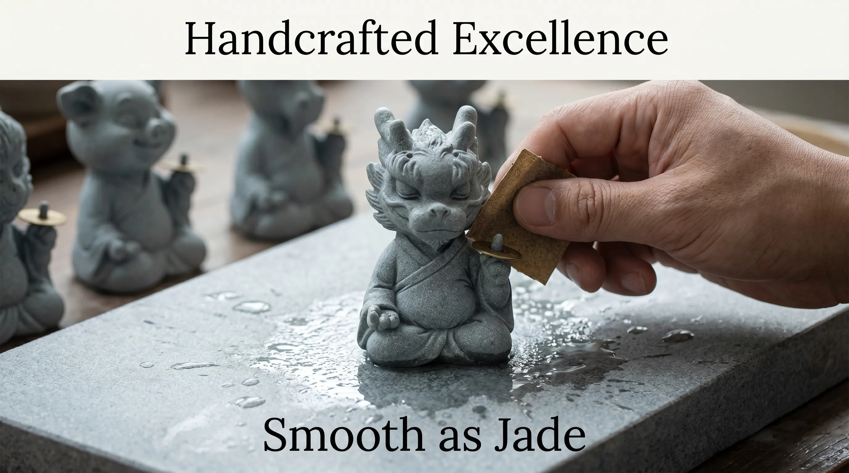 Close-up of a hand-carved stone tea pet showing fine chisel marks, natural mineral texture, and a calm tea table setting in the background