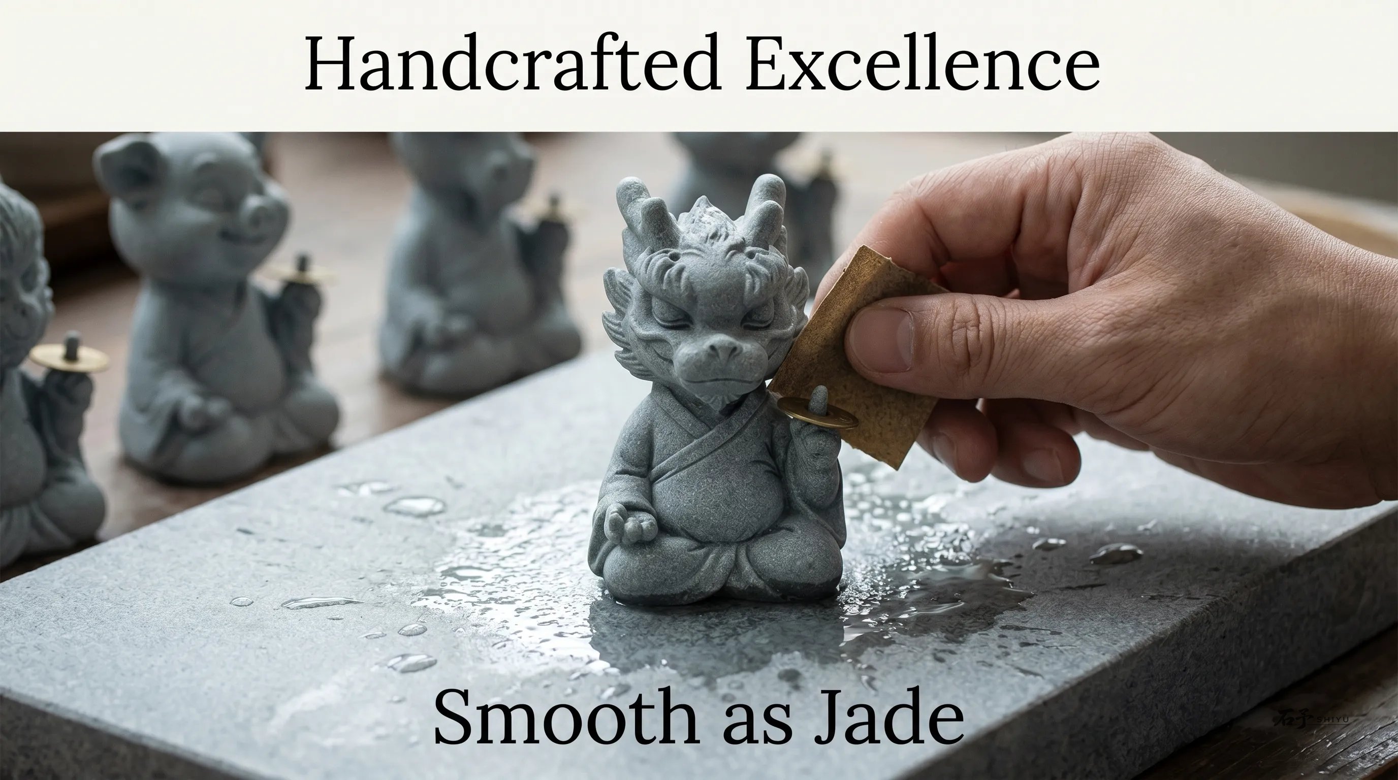 Close-up of a hand-carved stone tea pet showing fine chisel marks, natural mineral texture, and a calm tea table setting in the background