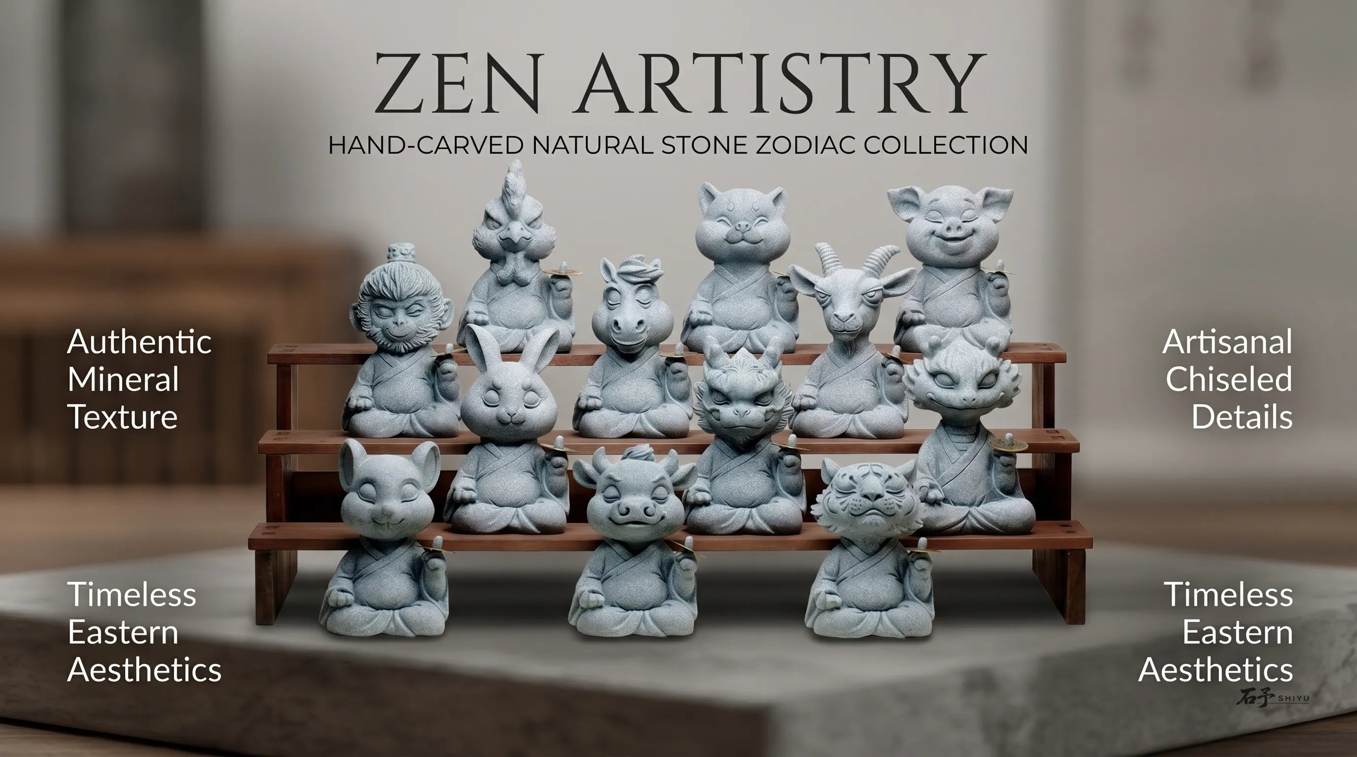 A hand sanding and finishing a small stone tea pet on a wet stone slab, showing real workshop polishing and surface refinement