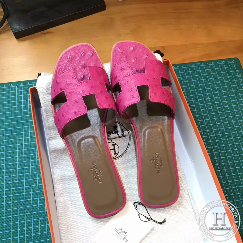 H Flat slipper Ostrich skin E5 Rose Tyrien 35-42 Reserved