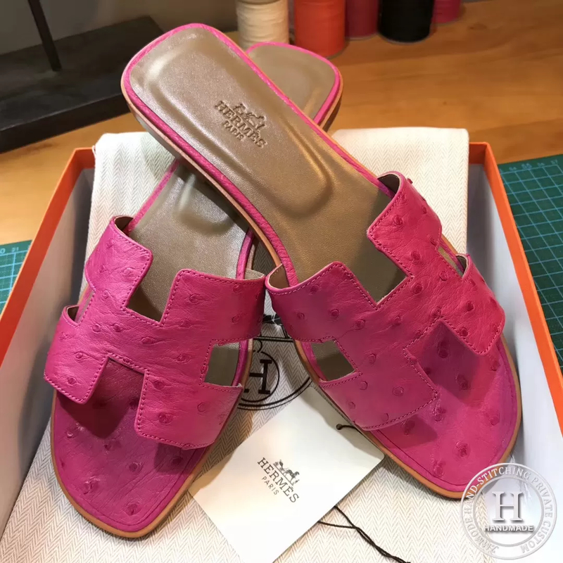 H Flat slipper Ostrich skin E5 Rose Tyrien 35-42 Reserved