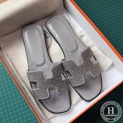 H slippers in pearl grey glitter medium heel flat are available for pre order 35-40