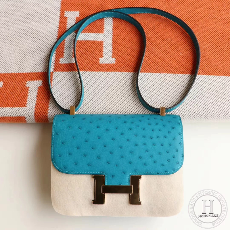 HERMES Constance 24CM  7F 孔雀蓝 金扣