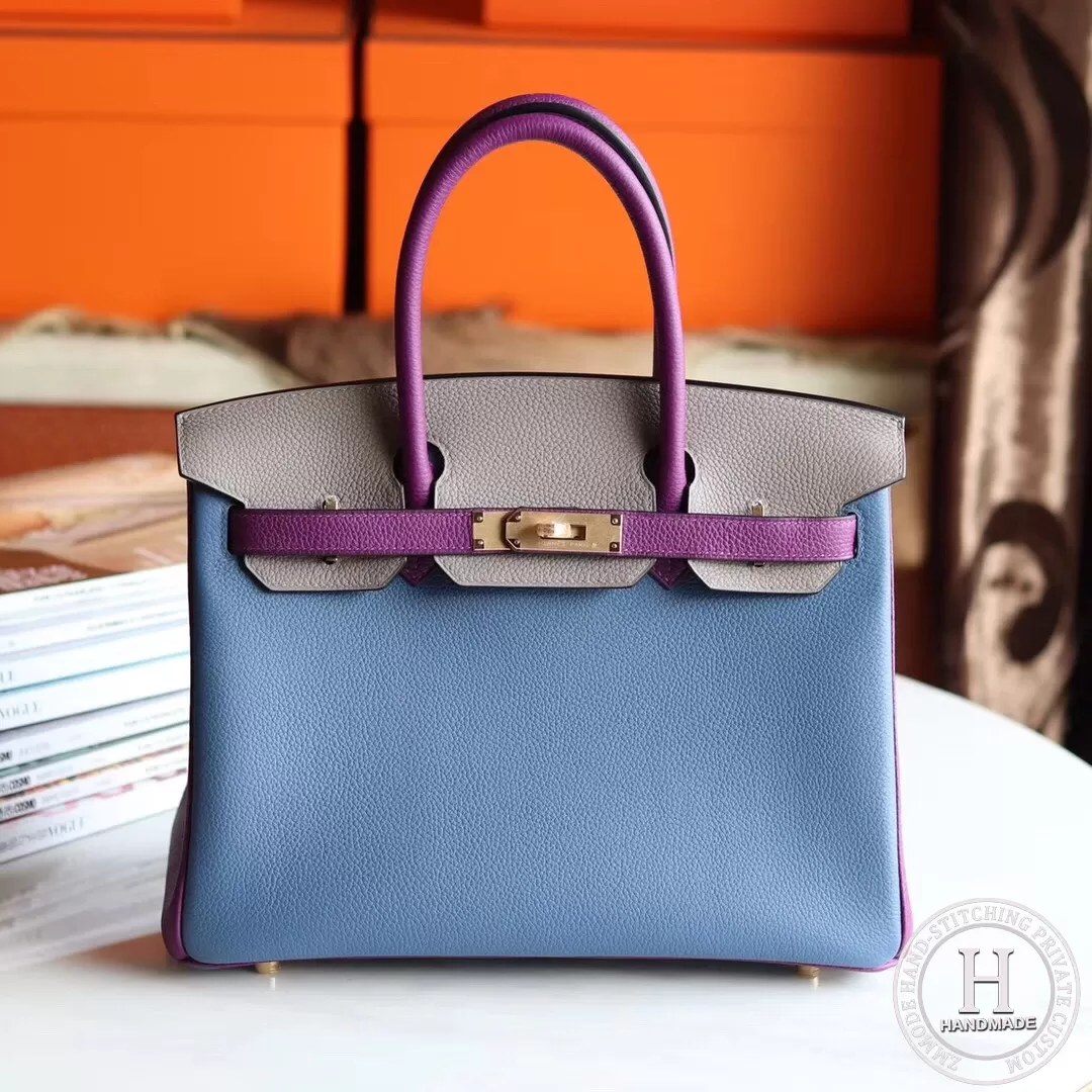 Birkin 30 Togo R2 Blue agate/P9 Anemone/M8 Gris asphalt GHW