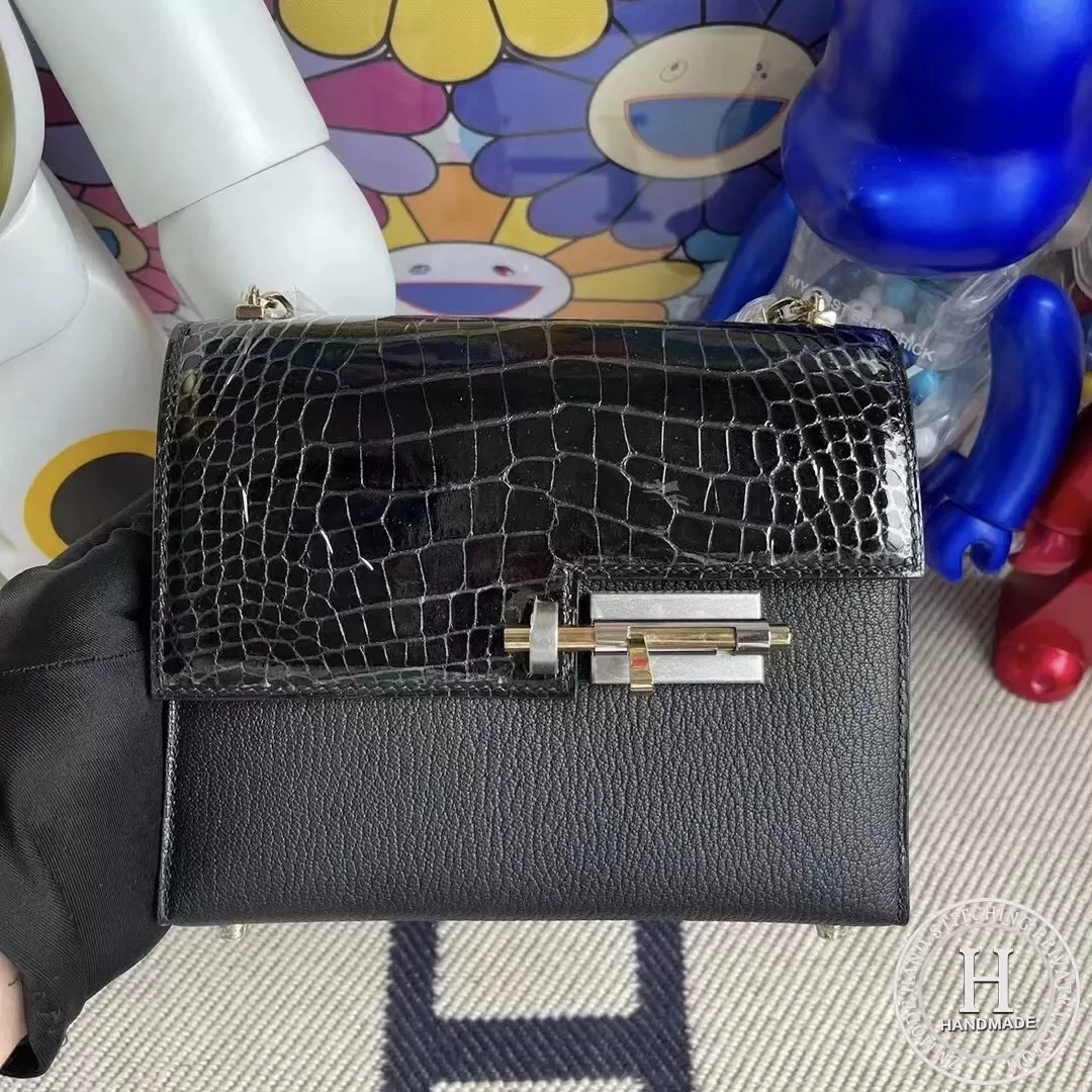 Hermes Verrou Mini 17.5cm Touch Chevre Mysore  Shiny Alligator Crocodile CK89 Noir  Black Phw