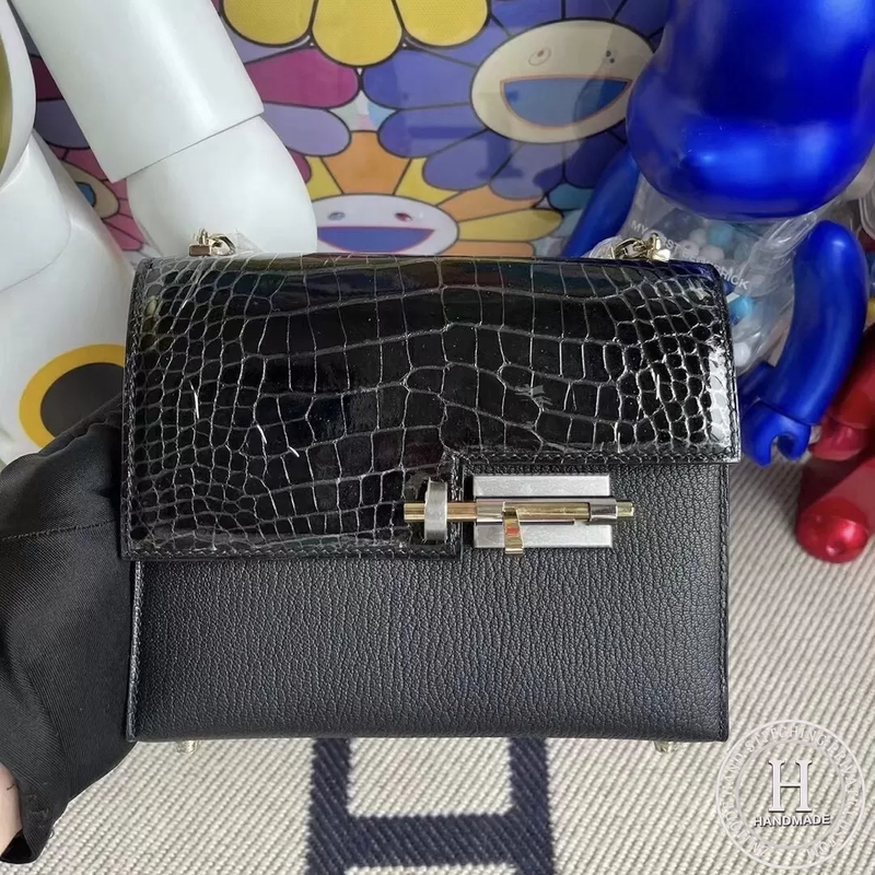 Hermes Verrou Mini 17.5cm Touch Chevre Mysore  Shiny Alligator Crocodile CK89 Noir  Black Phw