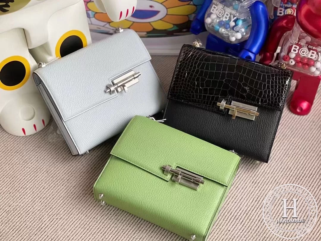 Hermes Verrou Mini 17.5cm Touch Chevre Mysore  Shiny Alligator Crocodile CK89 Noir  Black Phw