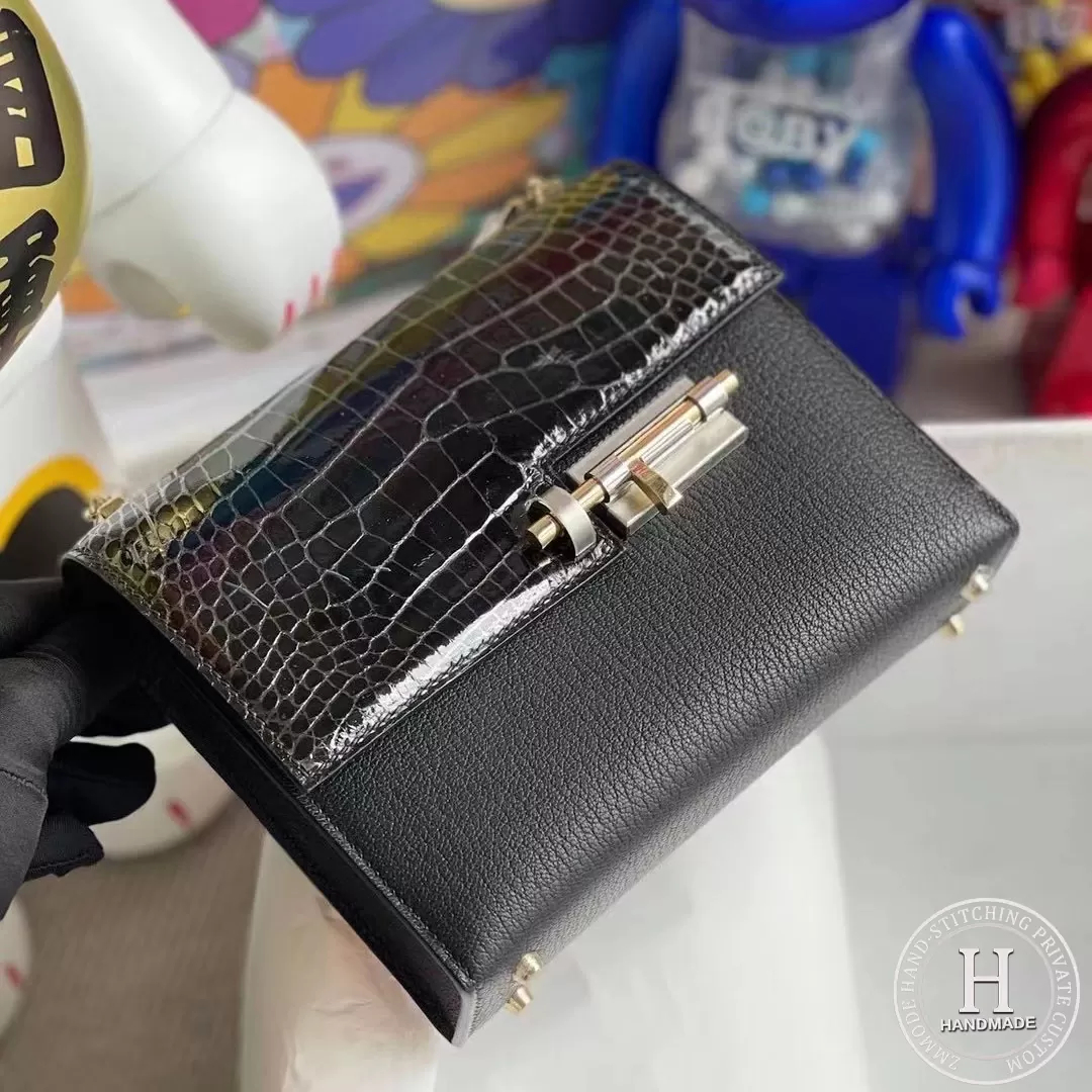 Hermes Verrou Mini 17.5cm Touch Chevre Mysore  Shiny Alligator Crocodile CK89 Noir  Black Phw