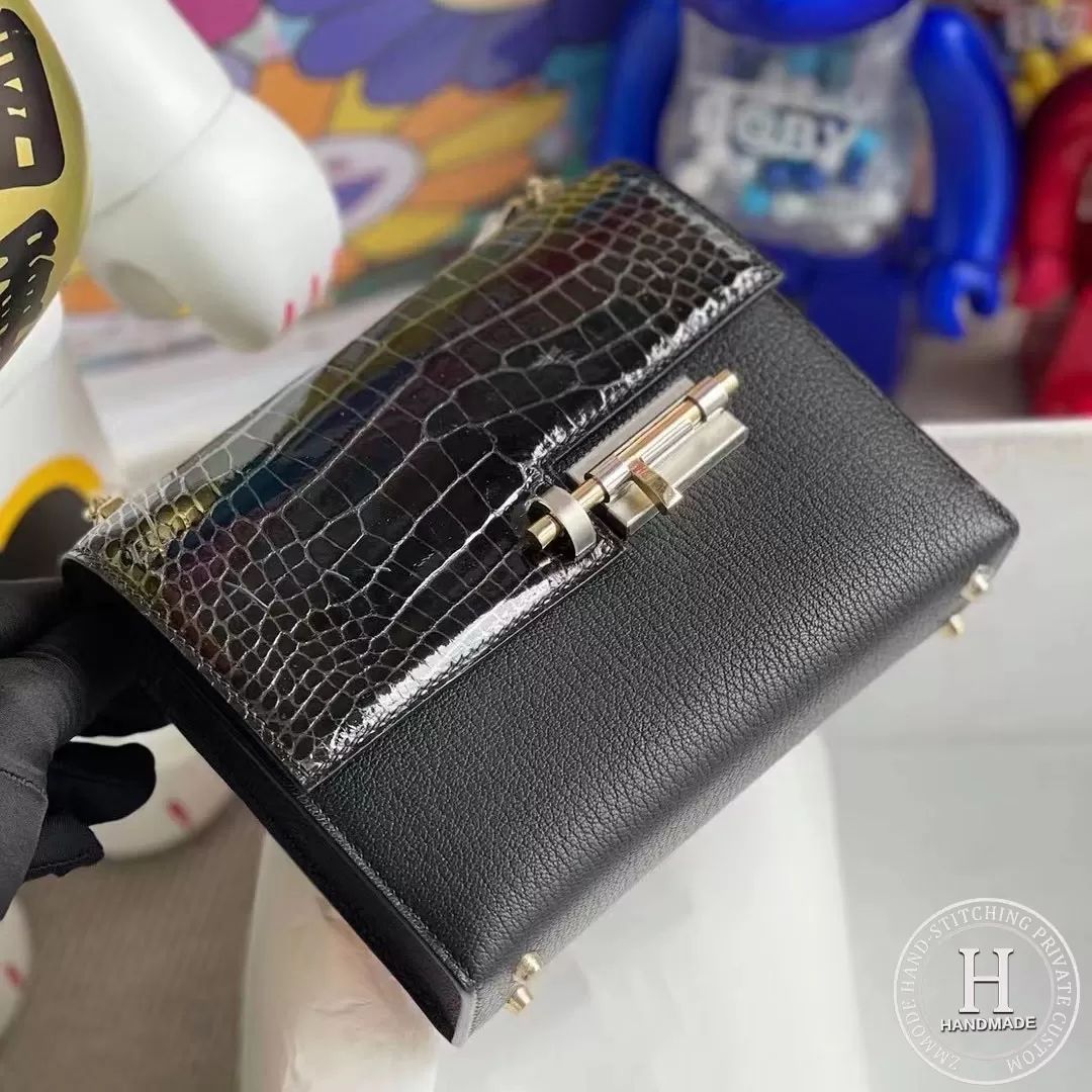 Hermes Verrou Mini 17.5cm Touch Chevre Mysore  Shiny Alligator Crocodile CK89 Noir  Black Phw