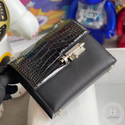 Hermes Verrou Mini 17.5cm Touch Chevre Mysore  Shiny Alligator Crocodile CK89 Noir  Black Phw