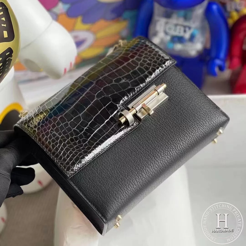 Hermes Verrou Mini 17.5cm Touch Chevre Mysore  Shiny Alligator Crocodile CK89 Noir  Black Phw