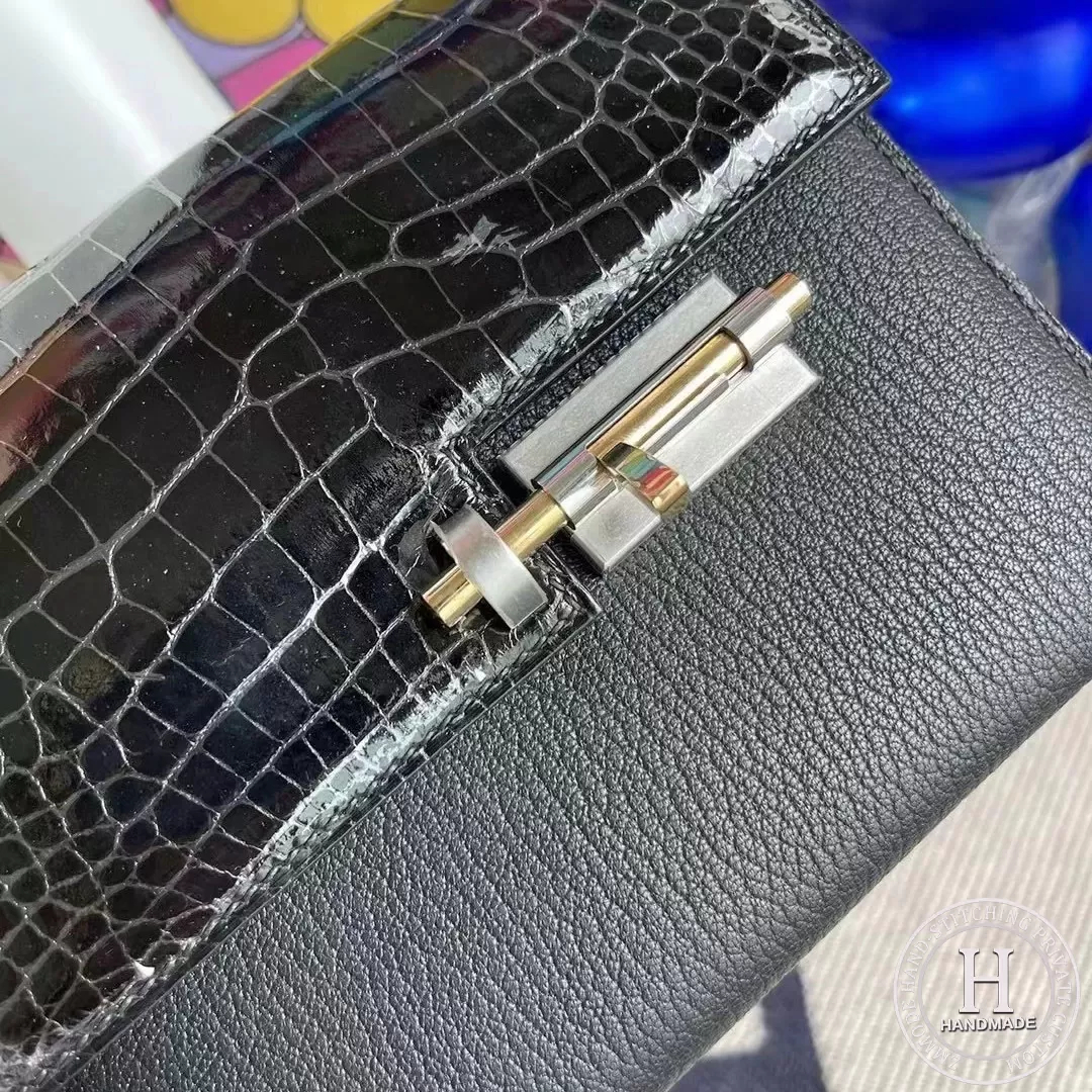 Hermes Verrou Mini 17.5cm Touch Chevre Mysore  Shiny Alligator Crocodile CK89 Noir  Black Phw