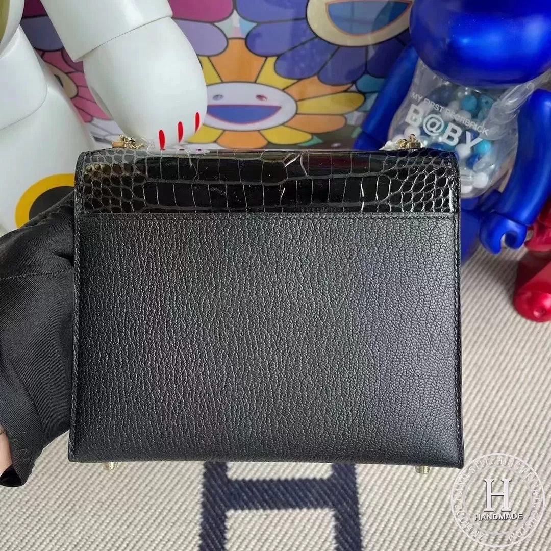 Hermes Verrou Mini 17.5cm Touch Chevre Mysore  Shiny Alligator Crocodile CK89 Noir  Black Phw