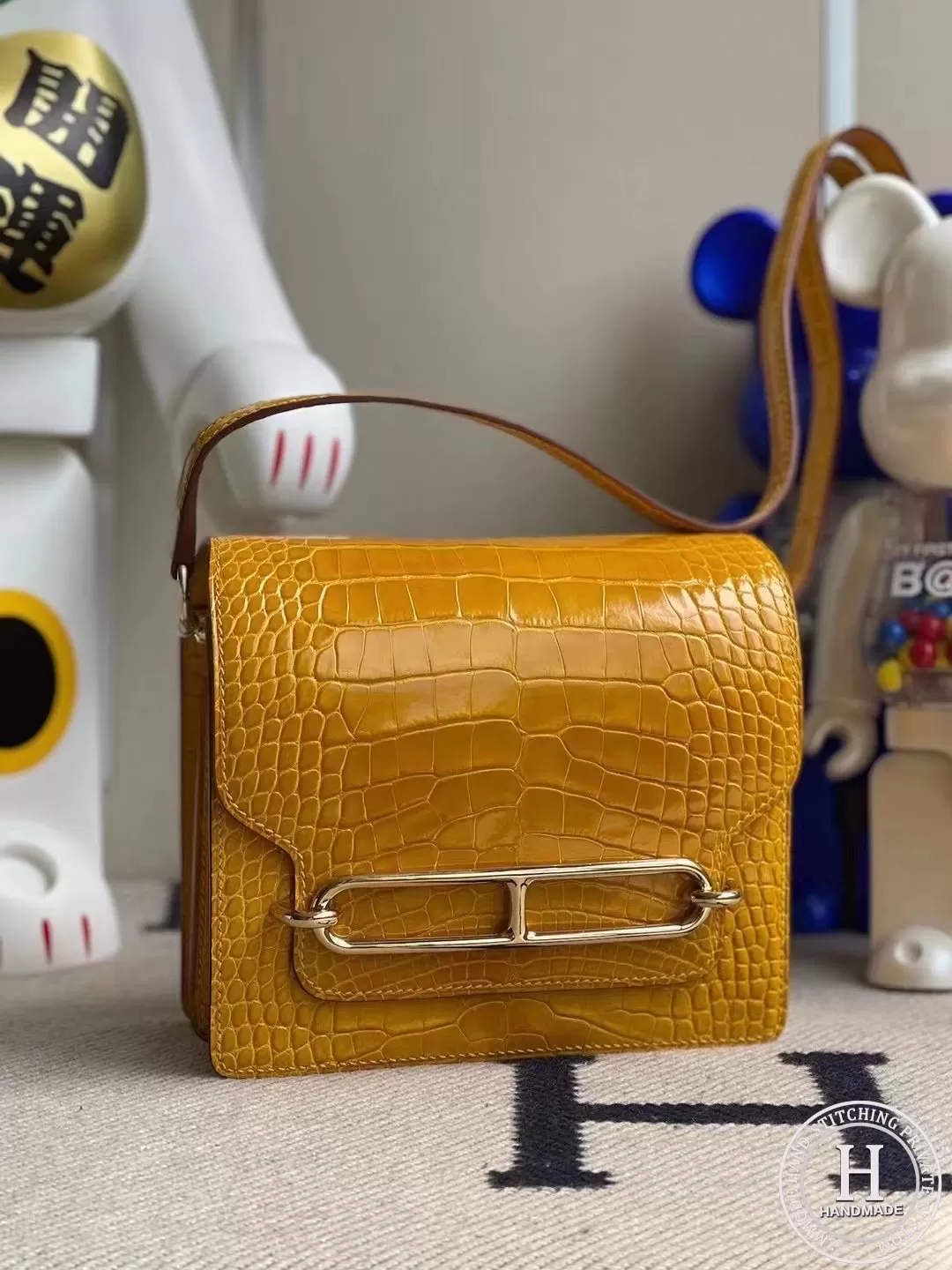 Hermes Roulis Mini 18cm shiny alligator crocodile 9D Jaune Amber