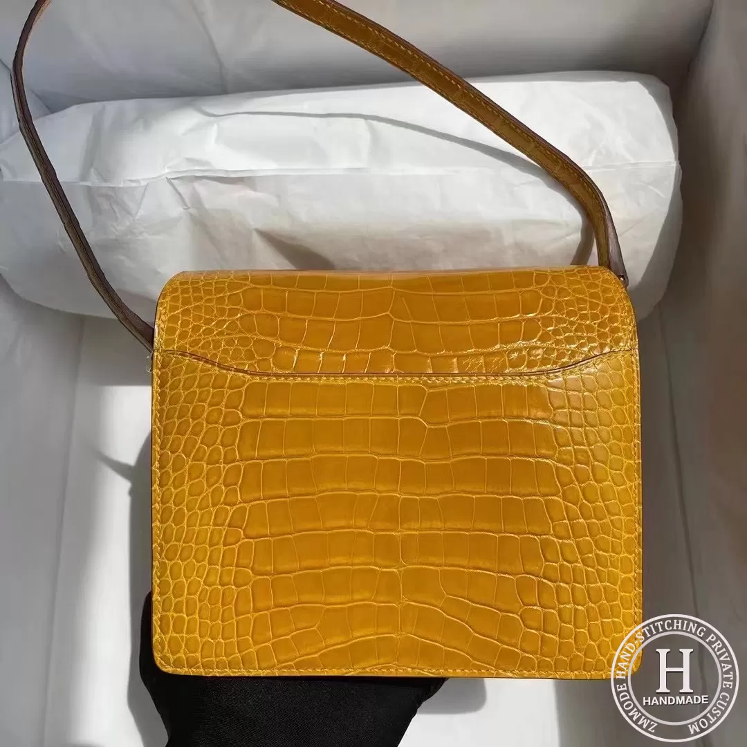 Hermes Roulis Mini 18cm shiny alligator crocodile 9D Jaune Amber