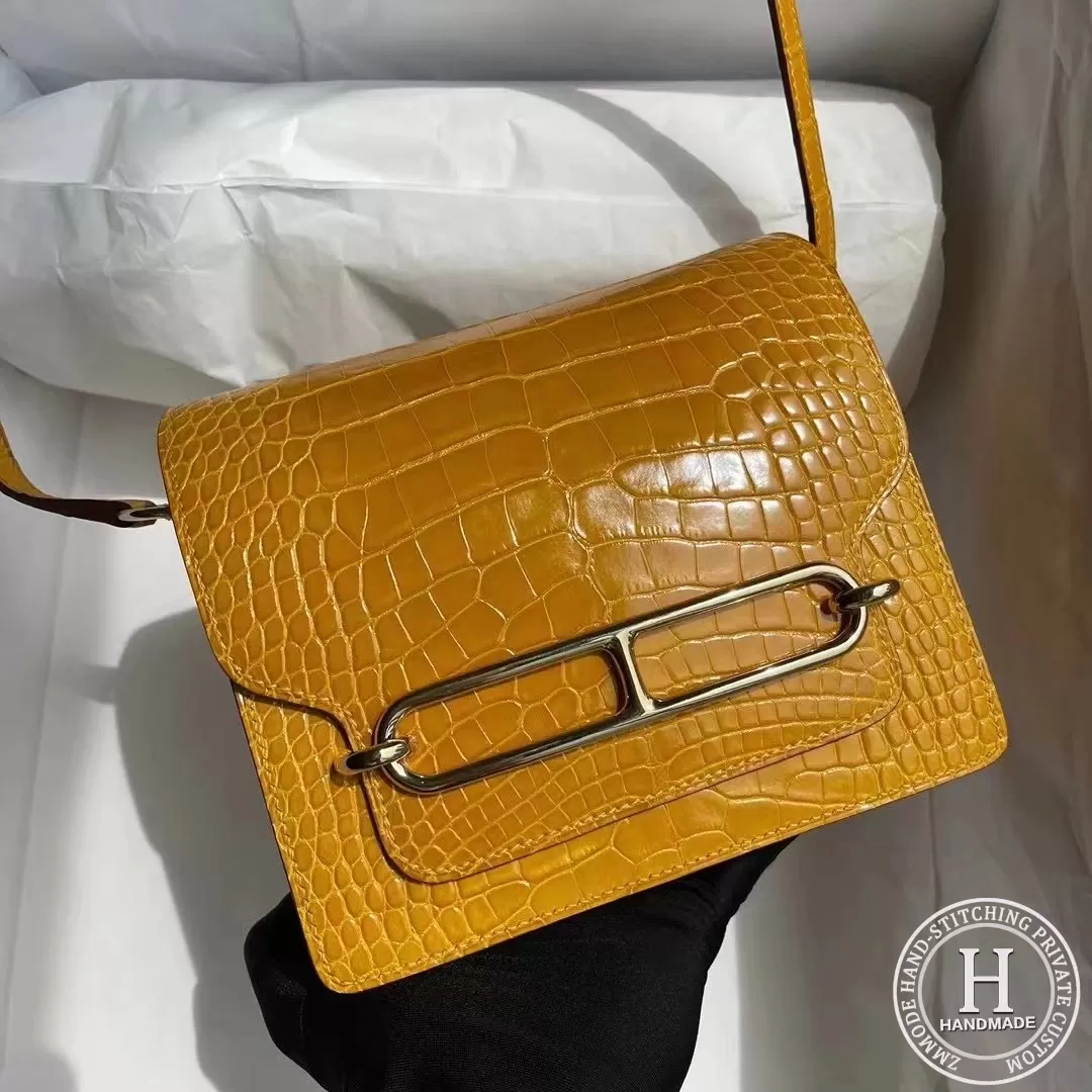 Hermes Roulis Mini 18cm shiny alligator crocodile 9D Jaune Amber