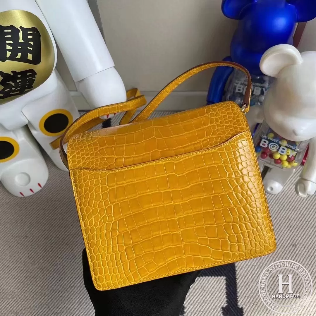 Hermes Roulis Mini 18cm shiny alligator crocodile 9D Jaune Amber