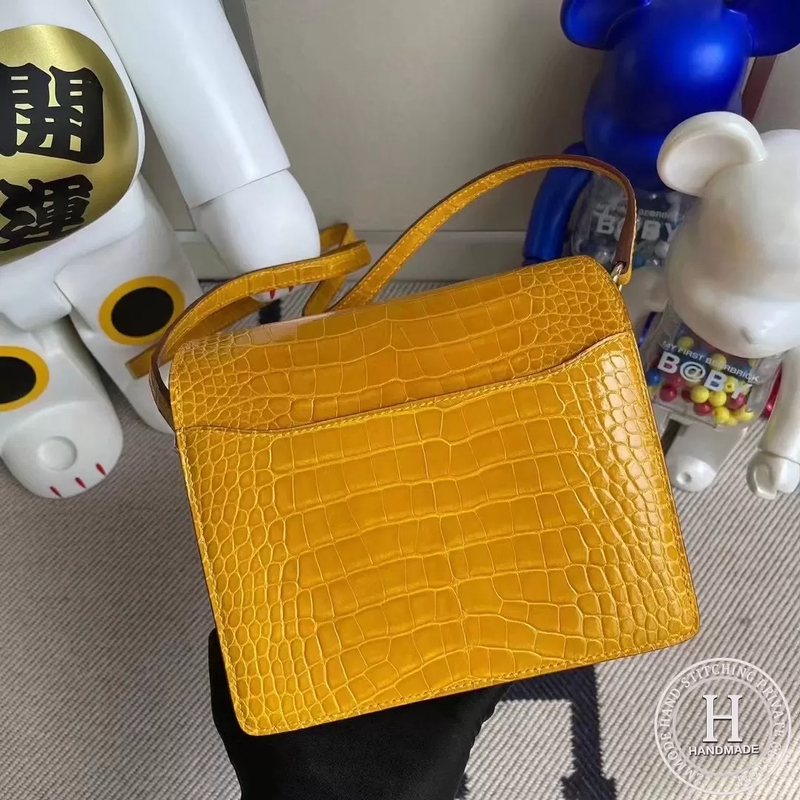 Hermes Roulis Mini 18cm shiny alligator crocodile 9D Jaune Amber
