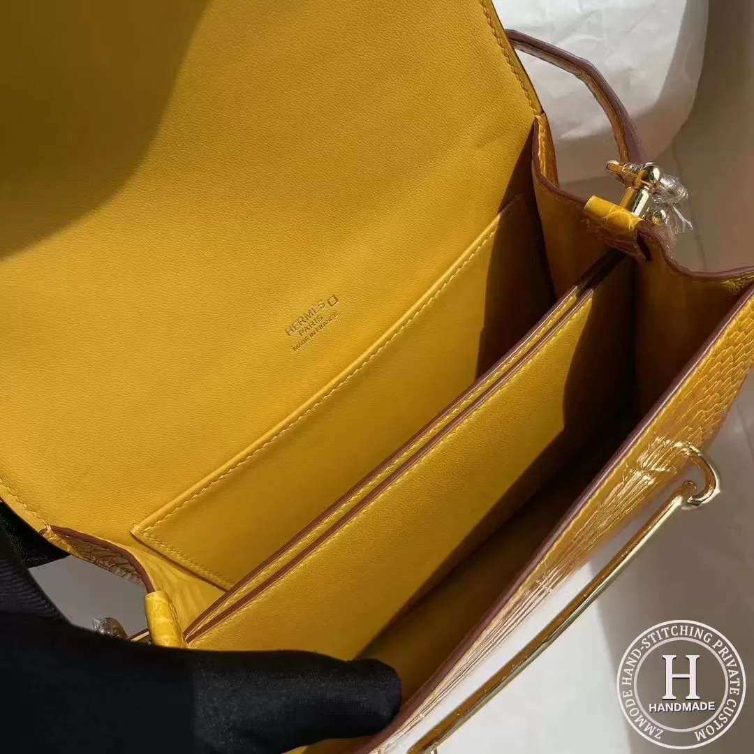 Hermes Roulis Mini 18cm shiny alligator crocodile 9D Jaune Amber