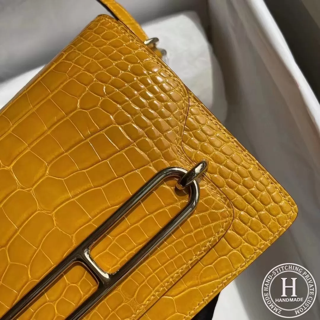Hermes Roulis Mini 18cm shiny alligator crocodile 9D Jaune Amber
