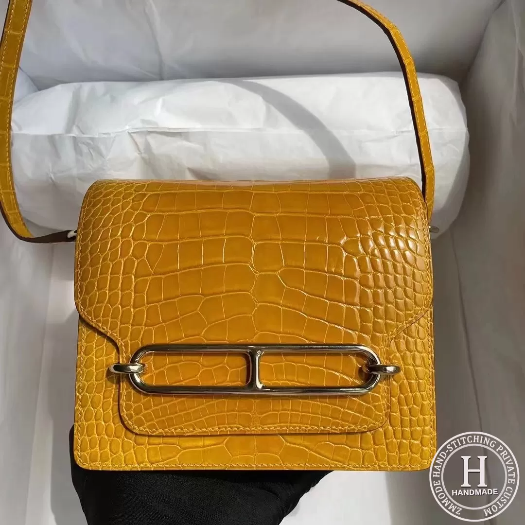 Hermes Roulis Mini 18cm shiny alligator crocodile 9D Jaune Amber