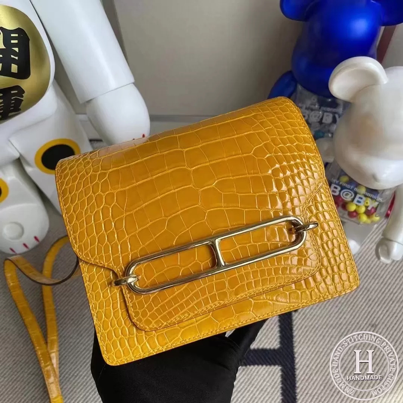 Hermes Roulis Mini 18cm shiny alligator crocodile 9D Jaune Amber