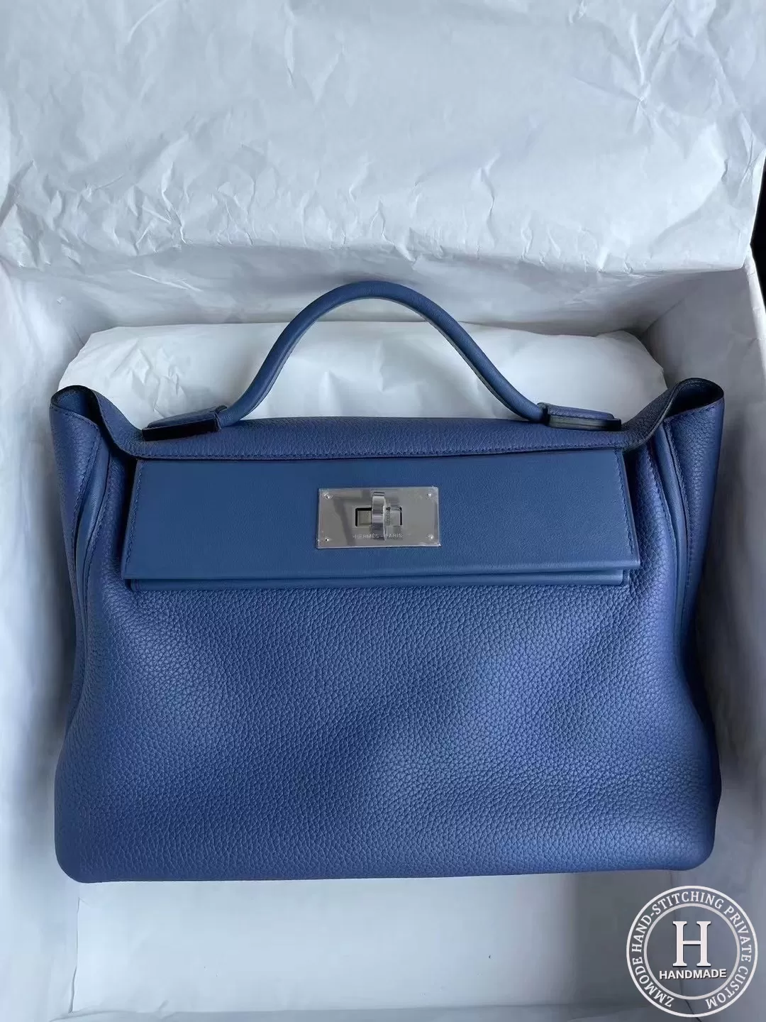 R2 Blue agate Hermes Kelly 2424 29cm taurillon Maurice leather 拼 And Swift calfskin