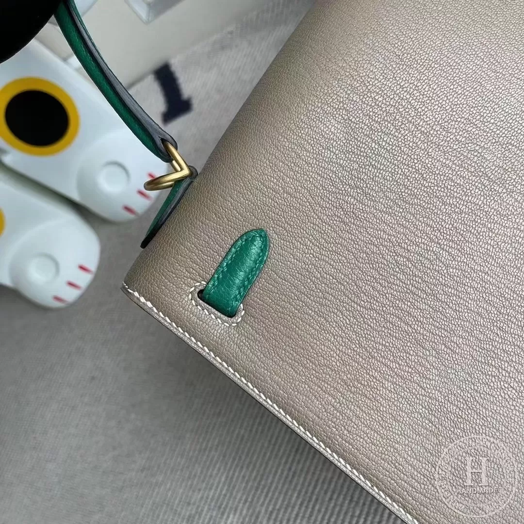 Hermes Kelly 25cm Chevre Mysore CK18 Etoupe  U4 Vert Verigo