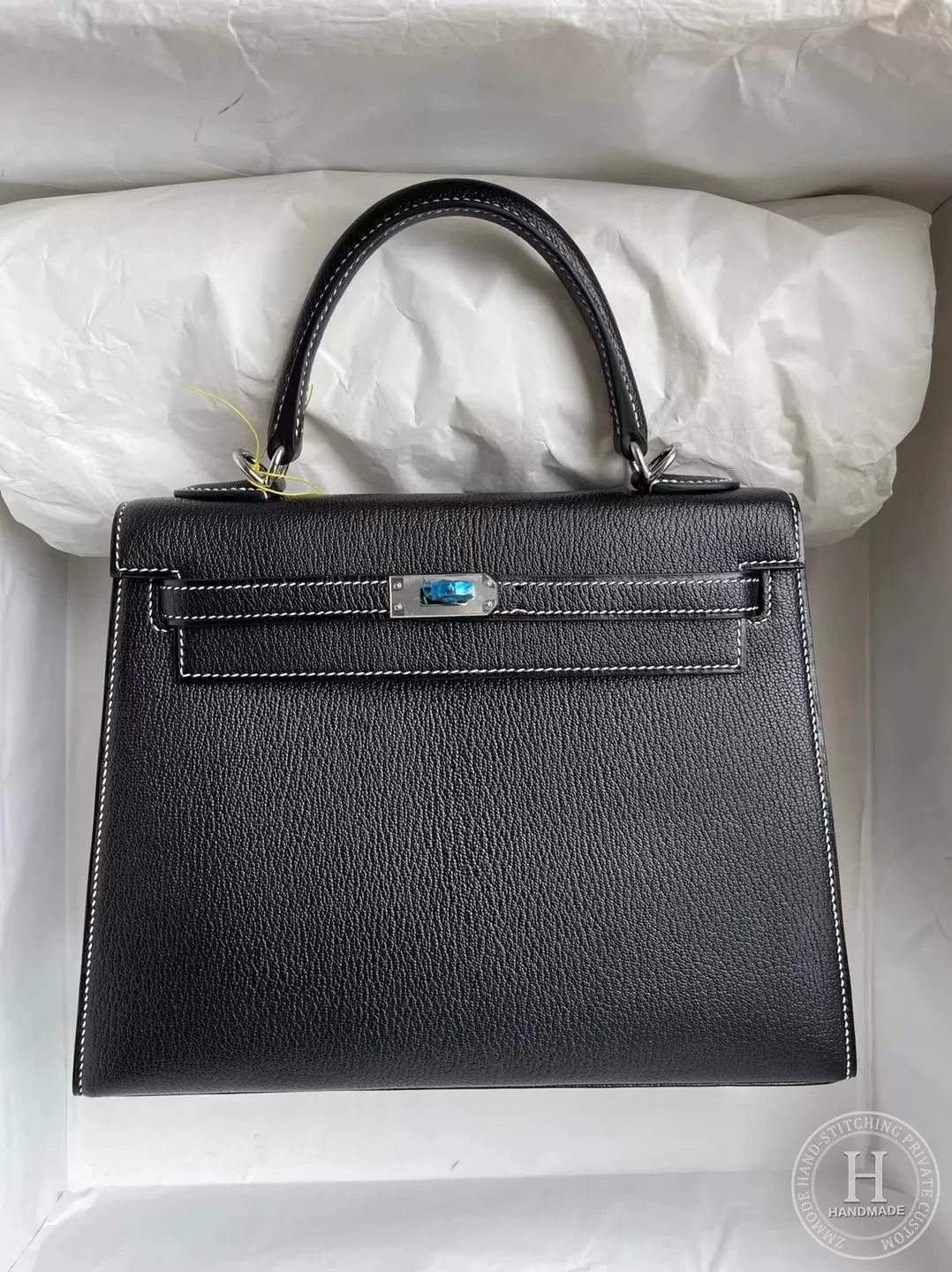 Hermes Kelly 25cm Chevre Mysore 89 Noir Q5 Rose casaque