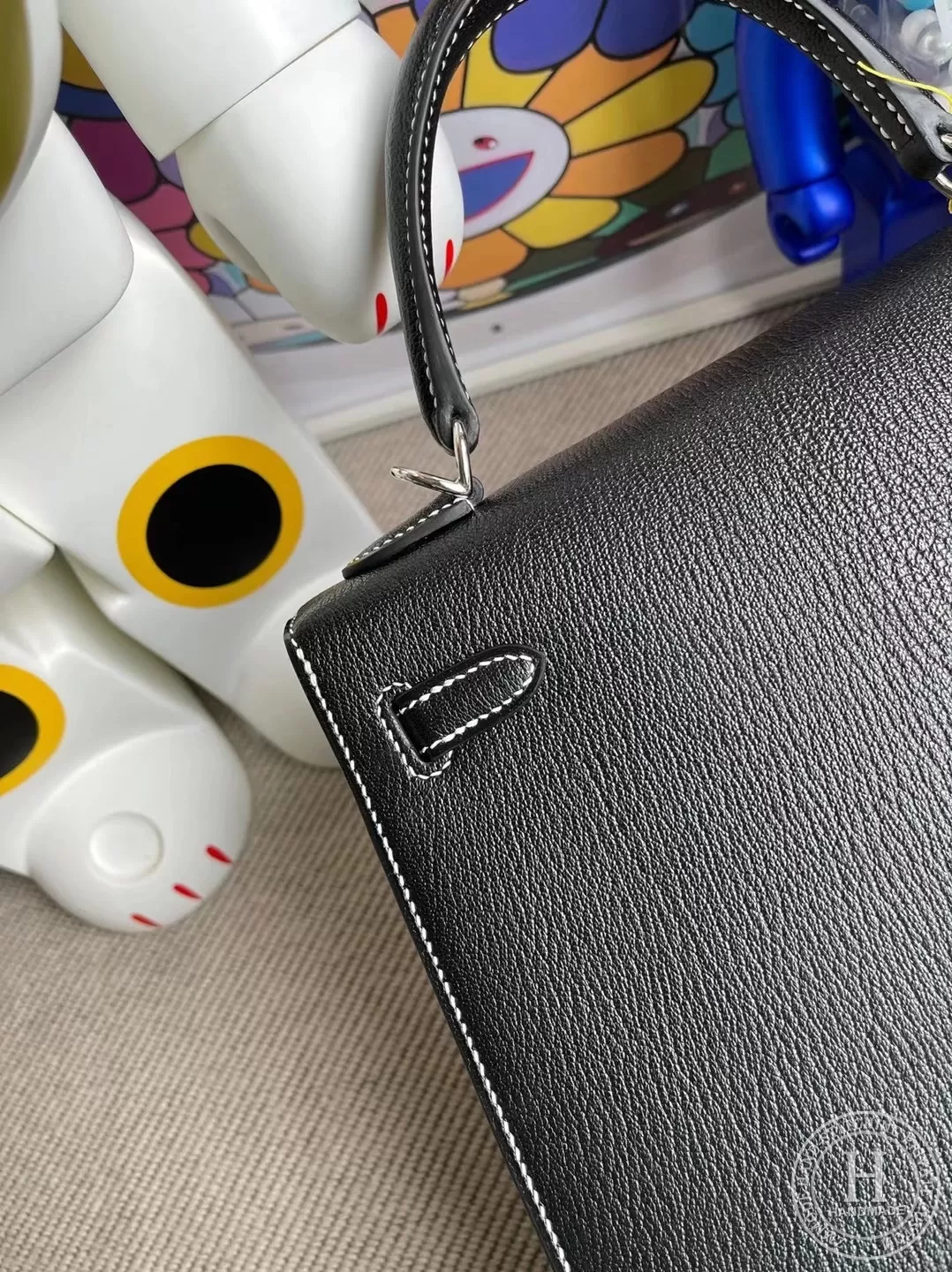 Hermes Kelly 25cm Chevre Mysore 89 Noir Q5 Rose casaque