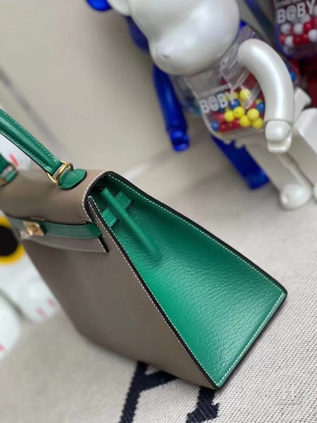 Hermes Kelly 25cm Chevre Mysore CK18 Etoupe  U4 Vert Verigo