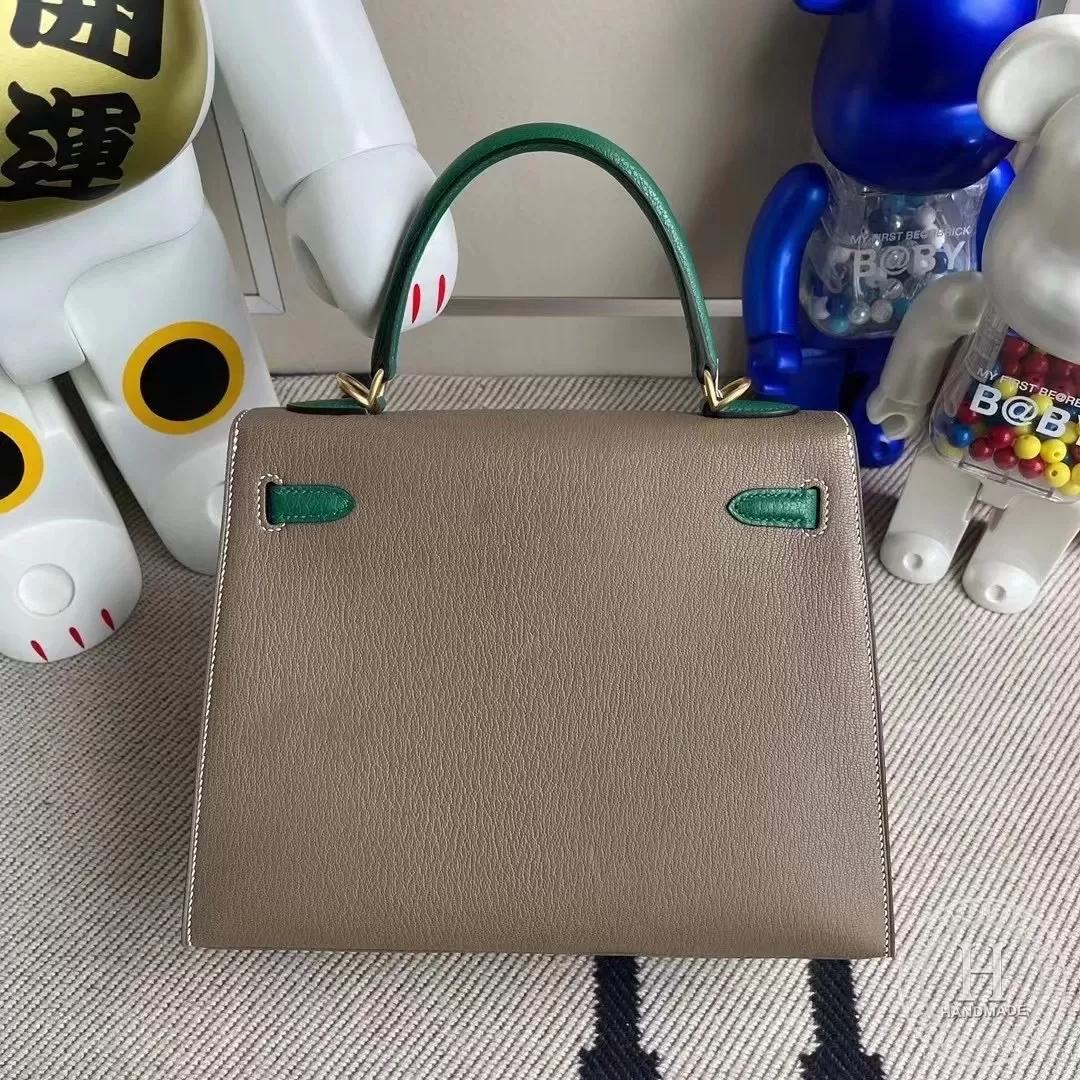 Hermes Kelly 25cm Chevre Mysore CK18 Etoupe  U4 Vert Verigo