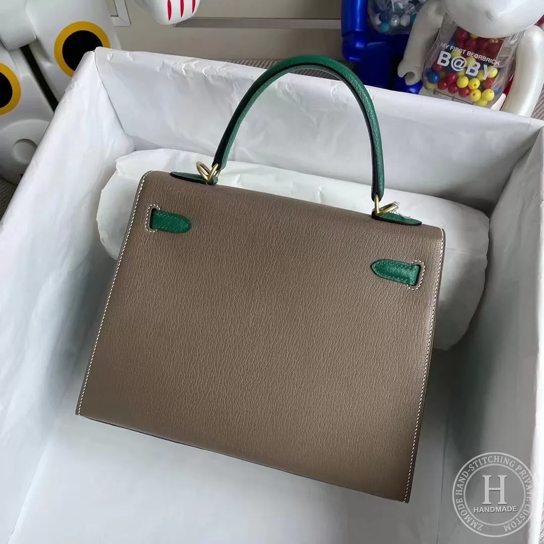 Hermes Kelly 25cm Chevre Mysore CK18 Etoupe  U4 Vert Verigo
