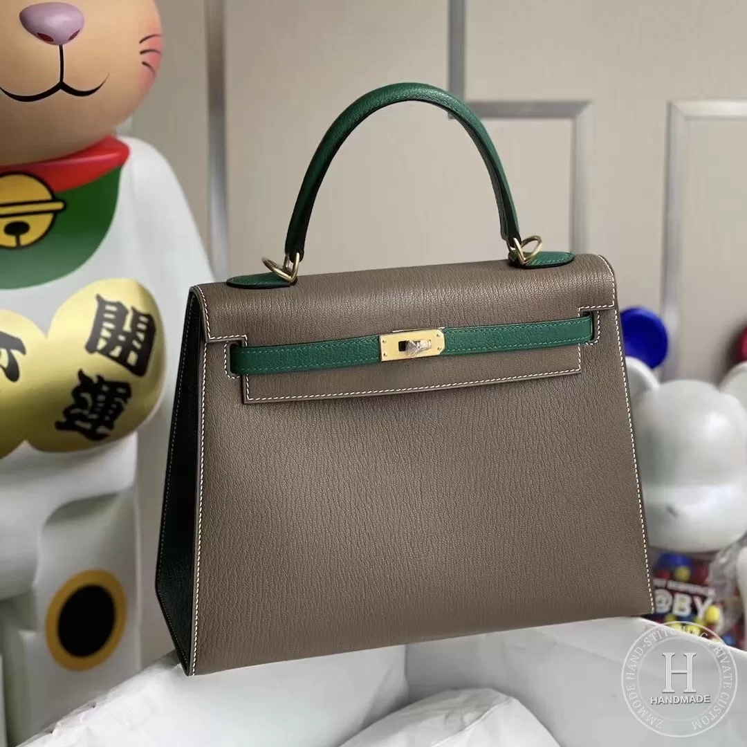 Hermes Kelly 25cm Chevre Mysore CK18 Etoupe  U4 Vert Verigo