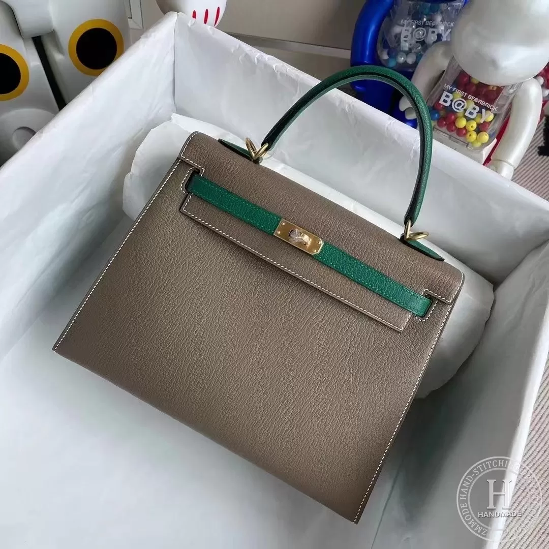 Hermes Kelly 25cm Chevre Mysore CK18 Etoupe  U4 Vert Verigo